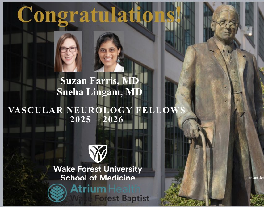 We’re thrilled to welcome our incoming vascular neurology fellows for 2025–2026! Dr. Suzan Farris @SuzanRFMD & Dr. Sneha Lingam @lsnehahahaha @WakeNeuroRes Congratulations to all the aspiring vascular neurologists 🎉@timeisbrain @PSR_TriHarder @AtriumHealthWFB #stroketwitter