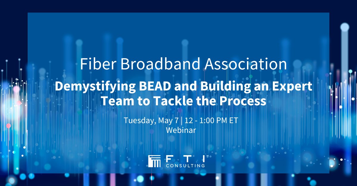 Join our team and Fiber Broadband Association for a webinar on May 7 focused on key areas that providers will need to consider as they pursue funding to execute BEAD. Register here: bit.ly/3UHAPVJ