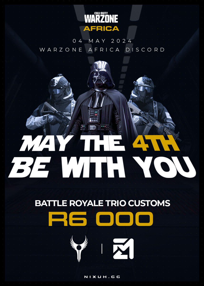 Battle Royale Trio Custom
R6,000 Prize Pool
Registration open now:
Warzone Africa Discord

4th of May 2024
4pm SAST
<a href="/NixuhGG/">Nixuh</a> | <a href="/metazerogg/">MetaZero</a>