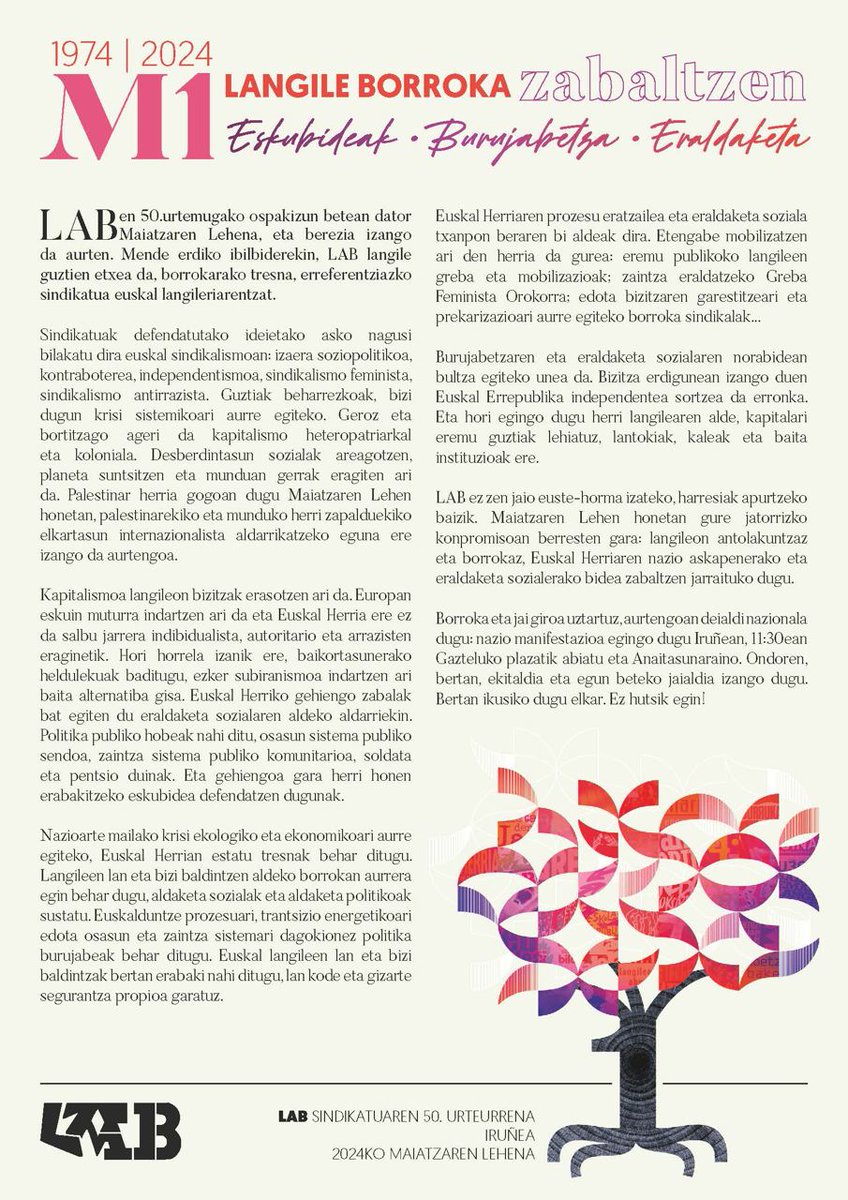 Gaur Iruñera goaz !

Vamos a llenar las calles de dignidad 
Por unas condiciones de vida digna 
kapital vs bizitza

Gora langileon borroka!!!

#maiatzarenlehena
#zabaltzea
#sosaiaraldea