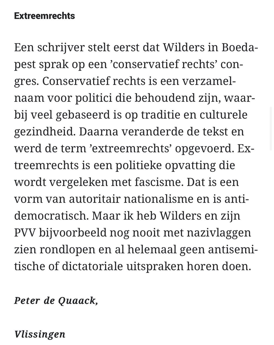 Wilders loopt nooit met nazi-vlaggen en doet geen dictatoriale uitspraken, dus kan hij niet extreem-rechts genoemd worden.