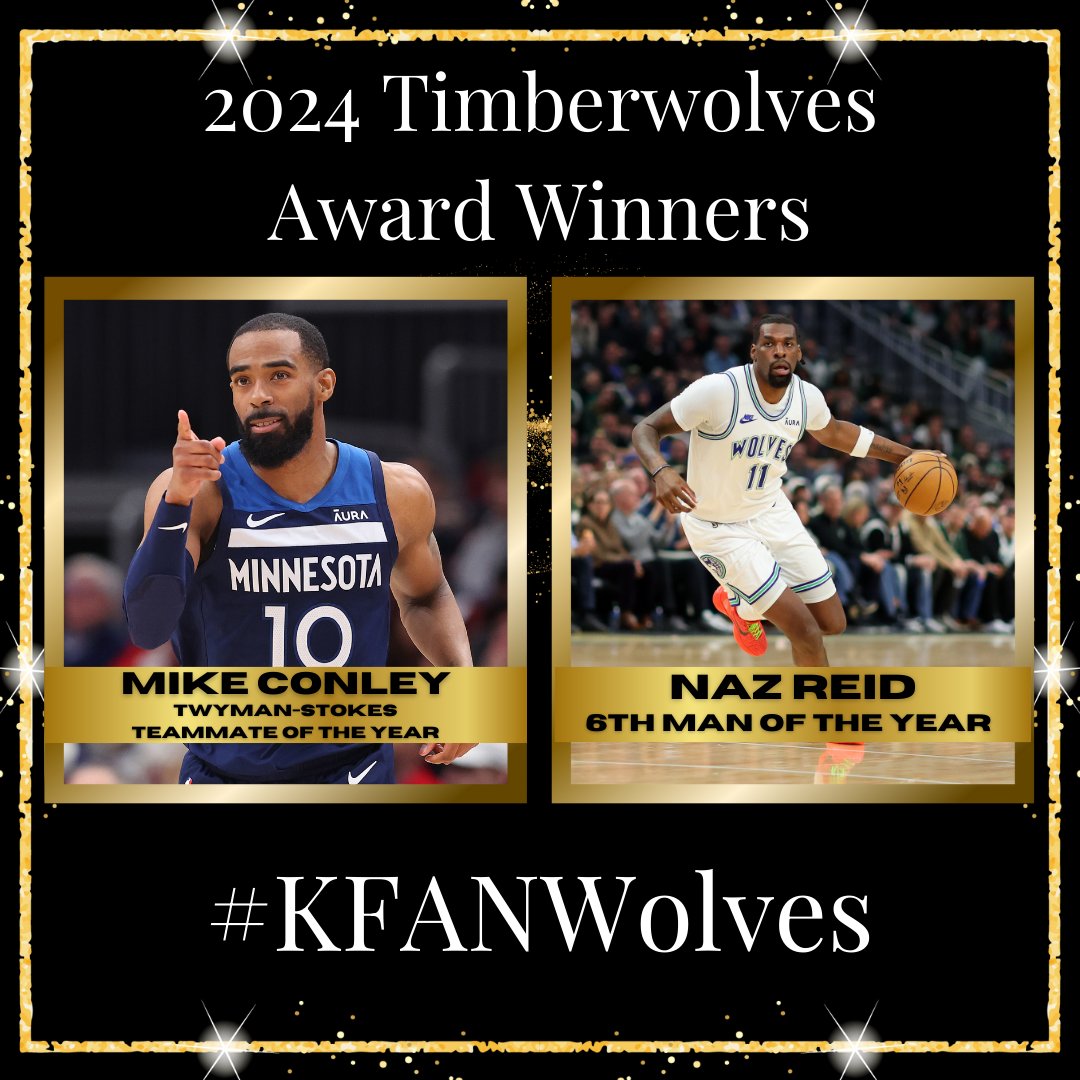 🏆Congrats to Mike Conley for being named the 2024 Twyman-Stokes Teammate of the Year! 🏀🎧Catch Naz, Conley and the #Timberwolves this Saturday when they take on the Nuggets on FM100.3 KFAN and on the @iHeartRadio app! #KFANWolves