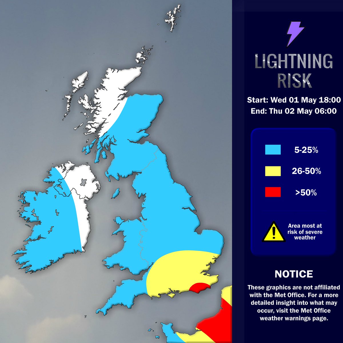 Today's lightning risk map has been updated ahead of the severe weather threat for tonight and into tomorrow. Unfortunately, there are still model discrepancies, but thunderstorms will be possible almost anywhere over S England with frequent lightning and potentially large hail.