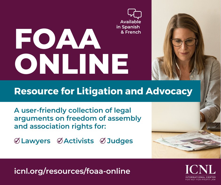 🔊 FOAA Online provides easily accessible legal arguments for lawyers, activists, and judges to protect and promote the freedoms of association and of peaceful assembly. 👉 Available in English, French, & Spanish View the resource HERE ➡️ icnl.org/resources/foaa…