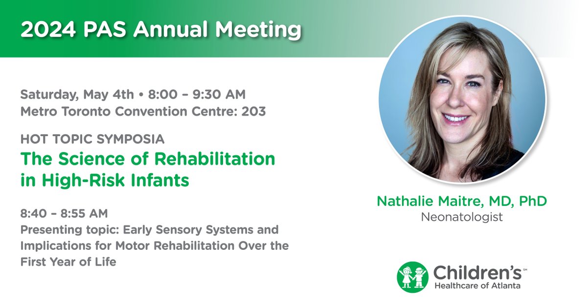 Attention 2024 @PASMeeting attendees: Dr. Nathalie Maitre will be presenting this Saturday, May 4th on early sensory systems and implications for motor rehabilitation over the first year of life. Learn more: choa.org/pas. #PAS2024 #PASPresenter