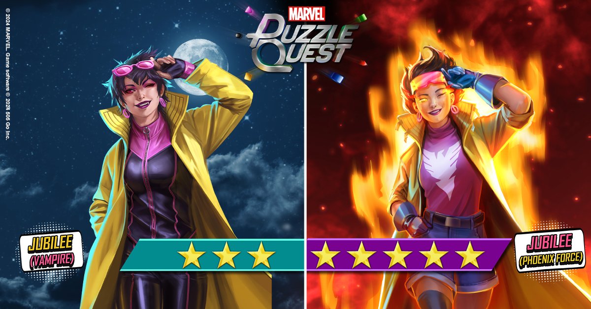 Redefining what it means to bring an extra life to the fight, Jubilee raises back into MPQ as our newest 3-Star Jubilee (Vampire) and 5-Star Jubilee (Phoenix Force) releases! 3-Star mpq.social/JV3 5-Star mpq.social/JPF5