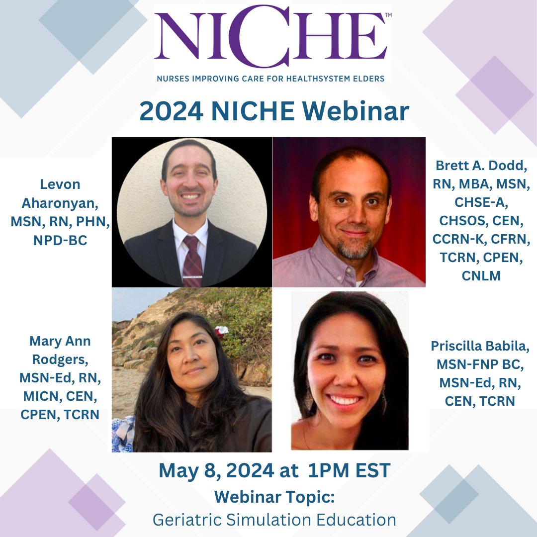 RSVP NOW | Join our NICHE webinar on Wednesday, May 8, 2024, at 1:00 PM ET to learn more about the innovative approach to nursing education from Cedars Sinai Medical Center's Levon Aharonyan, Brett Dodd, Priscilla Babila, and Mary Ann Rodgers. Link below:

ow.ly/WVBU50Rt8f9