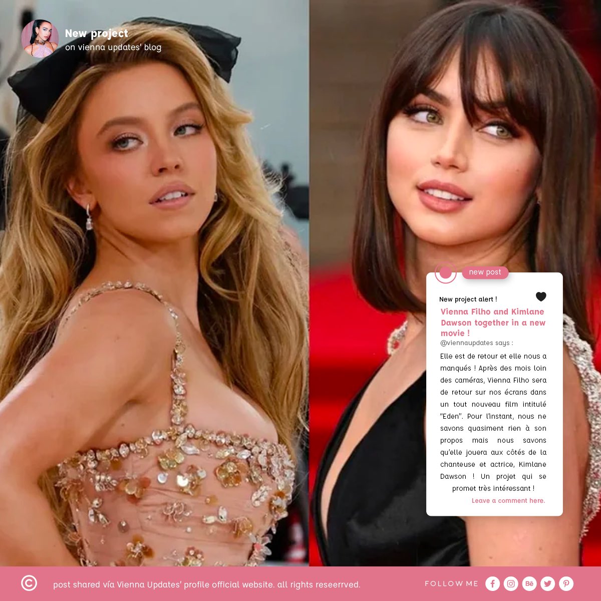 ⠀ ⠀ ⠀ ⠀
⠀ ⠀
⠀                                ❝ from @/viennaupdates.
⠀       Vienna Filho and Kimlane Dawson will
⠀       be co-starring in a new movie 'Eden'.

 ⠀ ⠀ ⠀