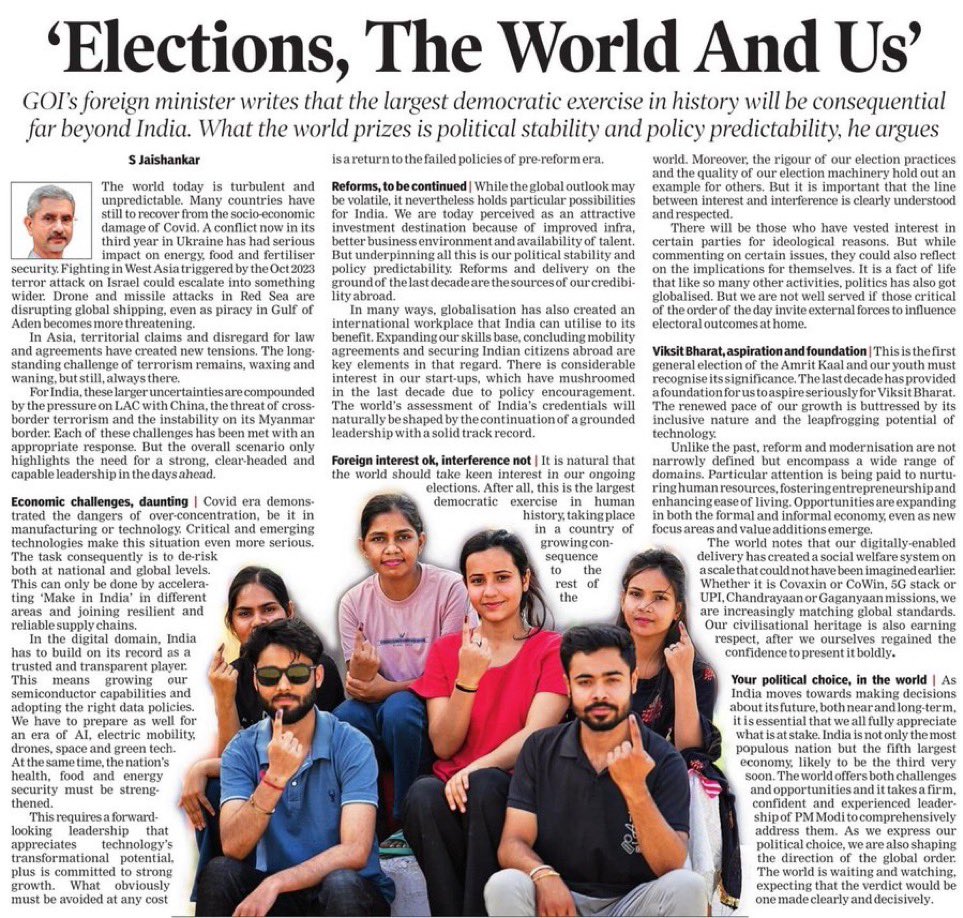 .@DrSJaishankar captures the profound implications of 🇮🇳's elections on our economy & beyond. The future calls for an India that is digitally advanced, committed to reform, open to business, driven by talent, globalised yet self-reliant, & focused on growth. For this, we need…