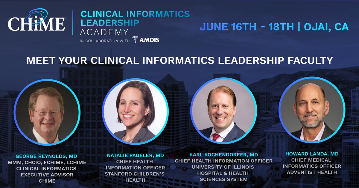 Meet the Faculty for the Clinical Informatics Leadership Academy 🎓 @DoctorKarlMD, @CMIO_Landa, @StanfordKidCMIO, @GeoReynoldsMD. Don't miss this transformative learning experience tailored for digital health leaders, June 16 - 18, Ojai, CA! Register Now: chimedhl.org/4aBNKxP