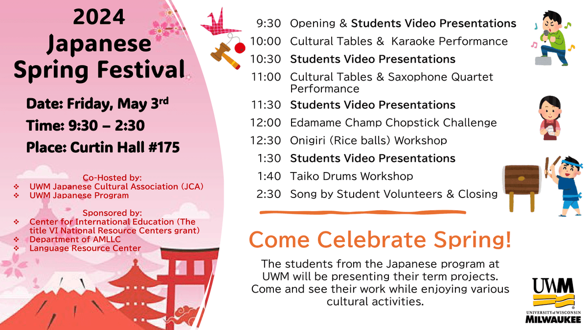 🌸 Dive into Japanese culture at the 2024 Spring Festival! 🎉 Join us on May 3rd, 9:30 AM - 2:30 PM at Curtin Hall 175. Presented by UWM JCA & Japanese Program, sponsored by @UWMCIE. Don't miss the fun! #JapaneseSpringFestival #UWM #CulturalEvent 🌸