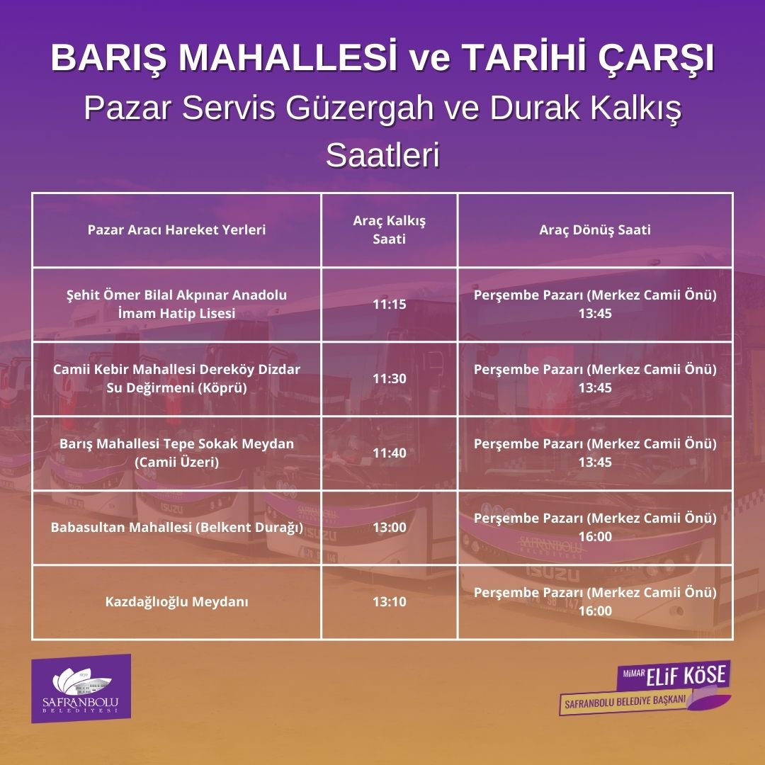 Perşembe Pazarı için hizmet veren pazar servisimizin güzergah ve durakları güncellenmiştir. Komşularımızın bilgisine.