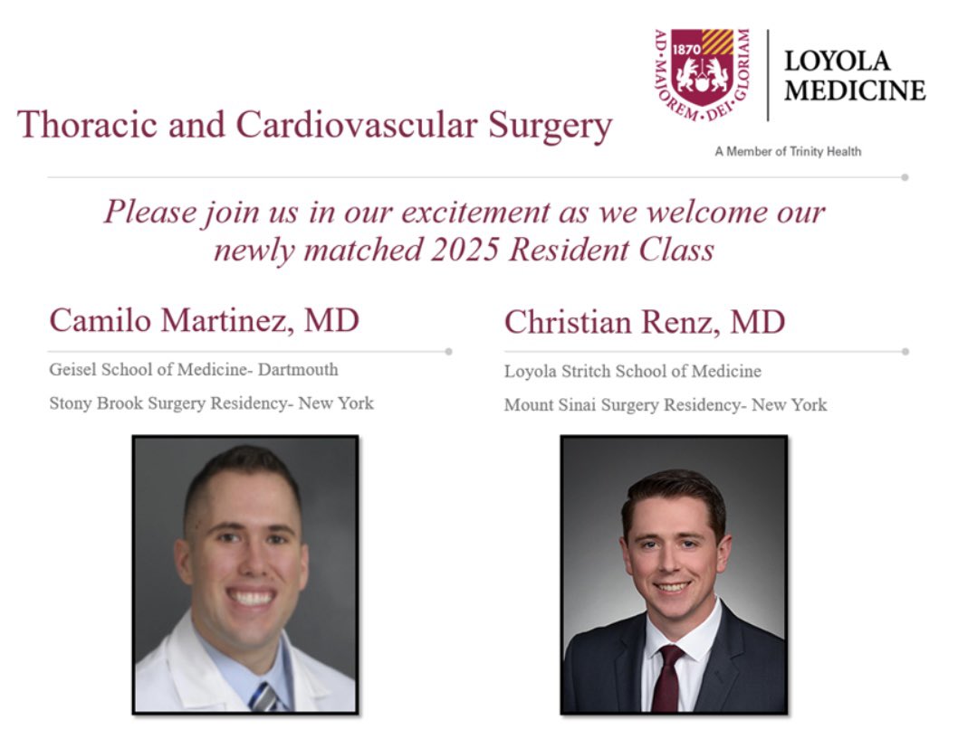 Congratulations to our incoming ACGME thoracic surgery residents, Drs Christian Renz and Camilo Martinez! We are excited to have you! @christianrenz @camilotivo @LoyolaChicago