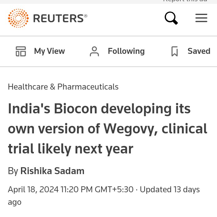 Biocon can be the first Indian company to grab a pie of the global weight loss market 👍

Wegovy is a weight loss drug owned by Novo Nordisk. Reduces cravings and improved heart health. A month dosage of this costs 1000 $ in the US. The drug has helped Novo Nordisk go up 450% in…
