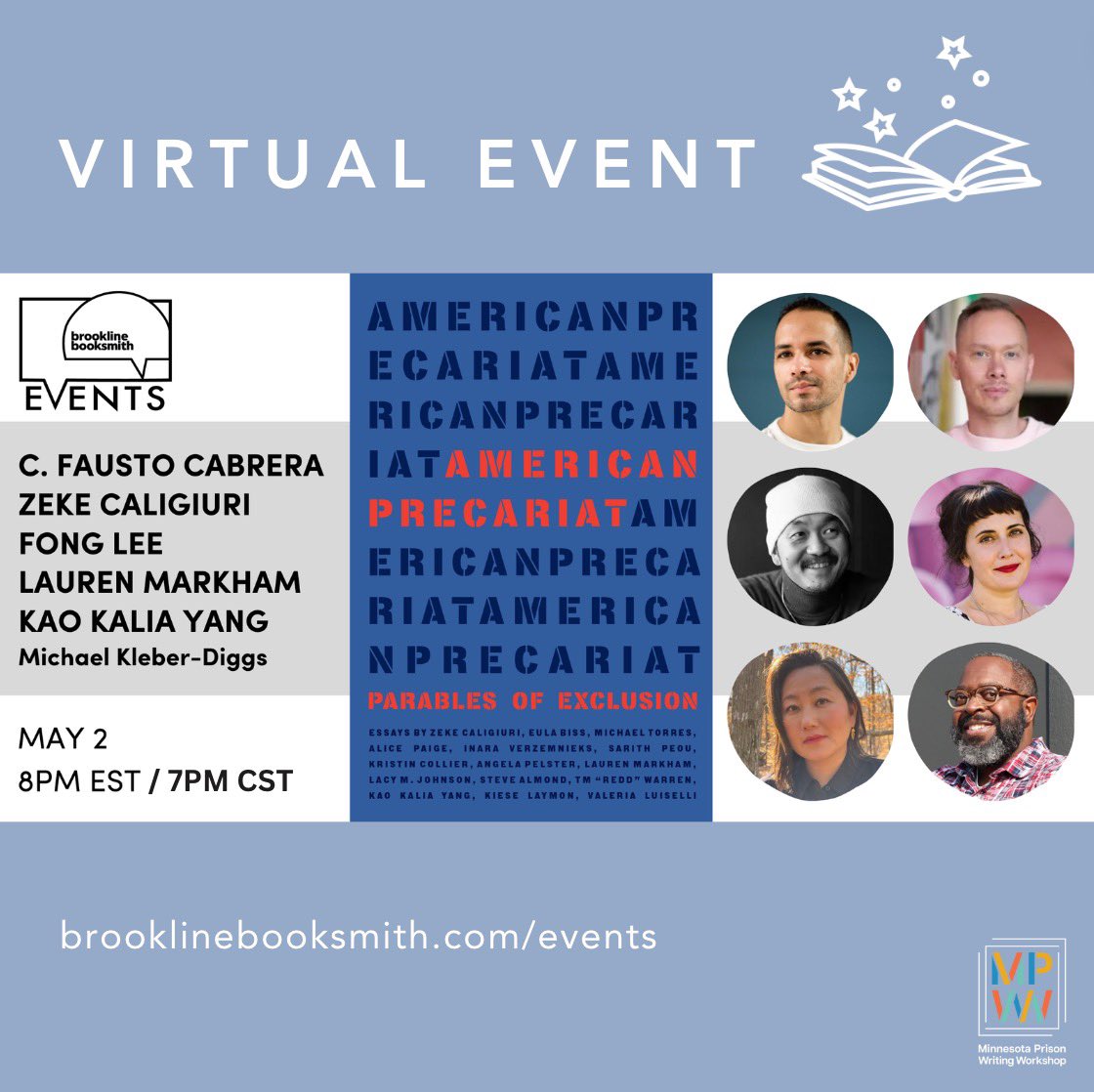 TOMORROW, Thursday, May 2nd at 8PM ET/7PM CT/5PM PT, please join us with @booksmithtweets to celebrate ✨AMERICAN PRECARIAT✨ @Coffee_House_ featuring writers @LaurenMarkham_ @kaokaliayang & editors C. Fausto, Fong & Zeke, hosted by @MKDorDiggsy. To RSVP: brooklinebooksmith.com/events