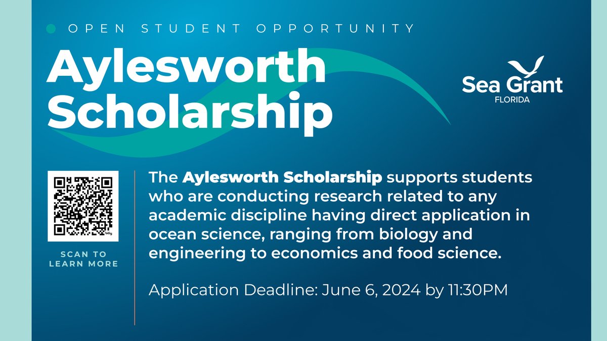 Florida Sea Grant is now accepting applications for the 2024-25 Aylesworth Scholarship Award from Florida university students conducting research in the marine sciences. Click on the link below ⬇️ to learn more: bit.ly/AylesworthFact…