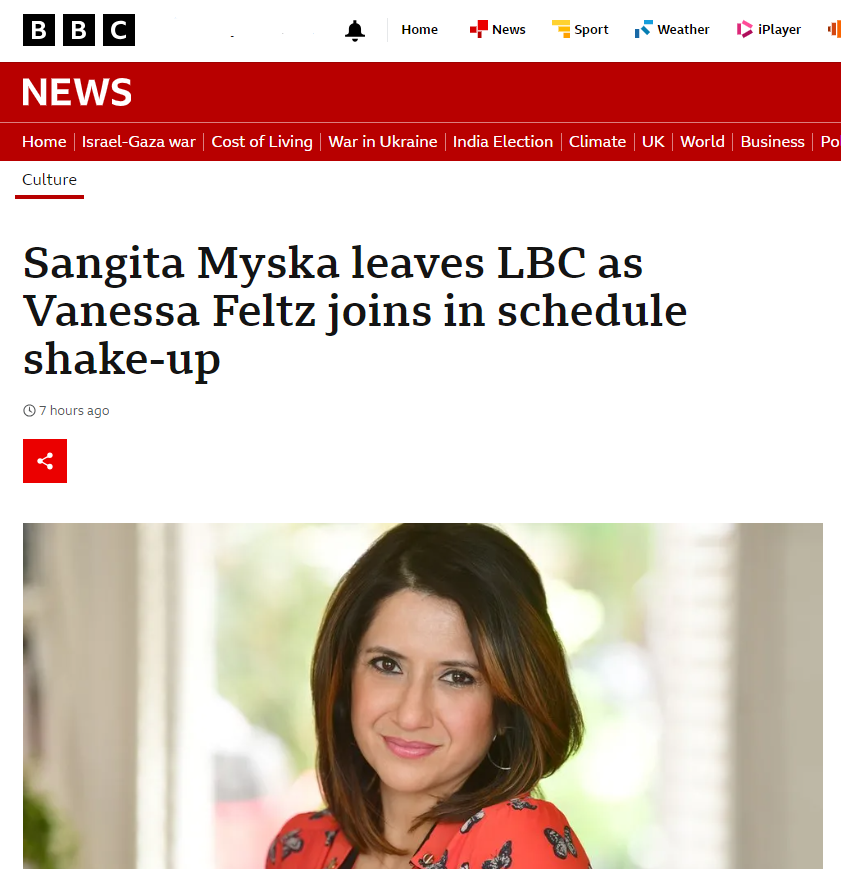 The @BBC appears to be helping @LBC by emphasising that 'Feltz is not a direct replacement for Myska because she is hosting a programme in a different timeslot... Feltz will front a new LBC show between 3 - 6 on Saturdays', whereas Sangita presented 1 -4 on Saturday & Sunday. 🤔