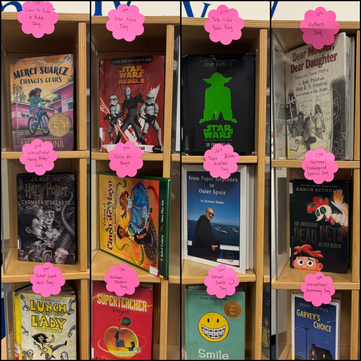 Books on display this May! #AAPIHeritageMonth 🌏#MentalHealthAwarenessMonth 🧠 #LearnToRideABikeDay 🚲 #SchoolLunchHeroDay 🥪 #CincoDeMayo 🪅 #NationalTeacherDay 🍎 #MothersDay 💐 #NationalEndangeredSpeciesDay 🦏 #NationalSmileDay 😀 and more!