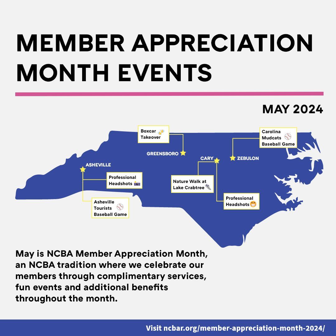 Happy NCBA Member Appreciation Month! 🥳 All month long, we are celebrating members with activities, resources and fun events across the state. Access the schedule: buff.ly/3QantyB. Thank you to Lawyers Mutual for its support of Member Appreciation Month.
