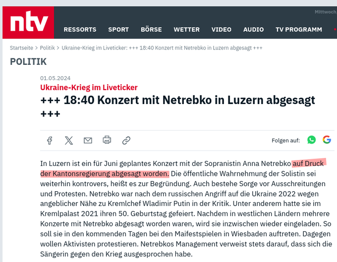 Die #Schweiz zeigt sich wieder einmal von ihrer 'besten' Seite. Neutralität war mal.

Konzert mit #Netrebko in Luzern abgesagt.