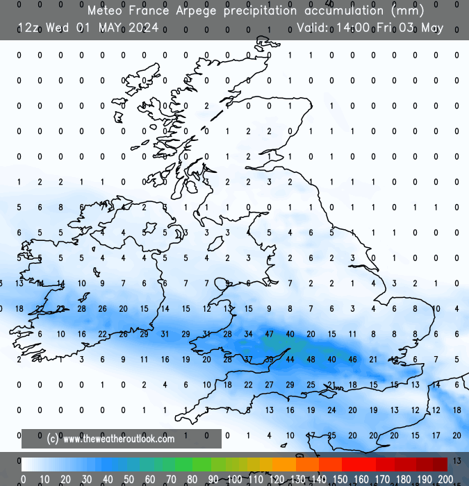 Arpege showing some big rain totals in the south during the next couple of days. Flooding could become an issue given the still very wet ground.