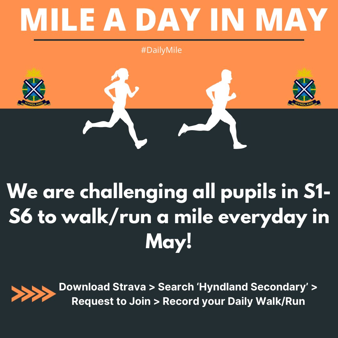 🏃‍♀️ Mile a Day in May 🏃‍♂️ 

This month, as part of the #dailymile initiative, we are challenging you to walk/run a mile every day in May. Aimed at helping you stay healthy both mentally and physically, whether that be during your exams or athletics block.