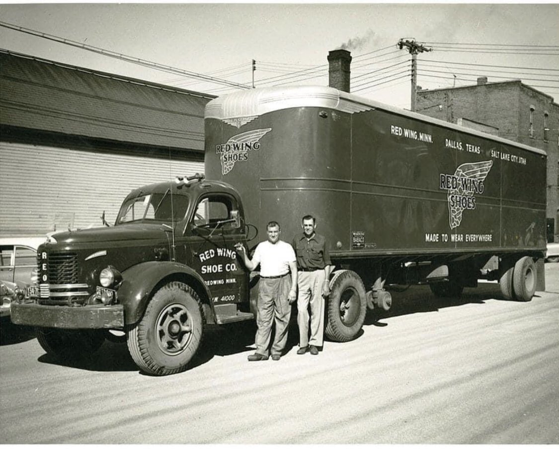 Red Wing Boots Driver and hand with their REO Truck  Redwing, Minn 1954. Founded in 1905 

#redwingboots #REOSpeedwagon