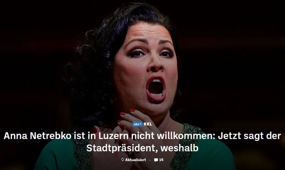 👍The concert of russian opera diva Anna Netrebko has been canceled in Switzerland, as reported by the Luzerner Zeitung newspaper.

Scheduled for June 1 at the Culture and Congress Center in Lucerne, the concert was called off by the venue due to pressure from cantonal…