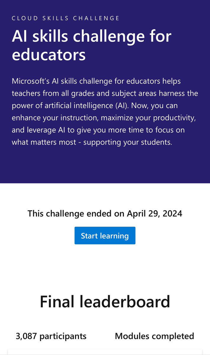 Hey @steviefrank23 @ketheredge @JaylaniEvans @teachersystems @i2eEDU - pretty cool that over 3,000 completed all three modules we published together! #AIinEdu @MicrosoftEdu