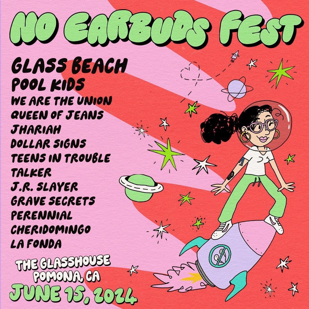 You already know I had to blow this thing outta the water –– very stoked to announce the lineup for the fest now includes @poolkidsband @queenofjeansPHL @talkerceleste @Perennialband @cheridomingo 😍 See you in Pomona?!✨ 🎟️: noearbuds.com/fest