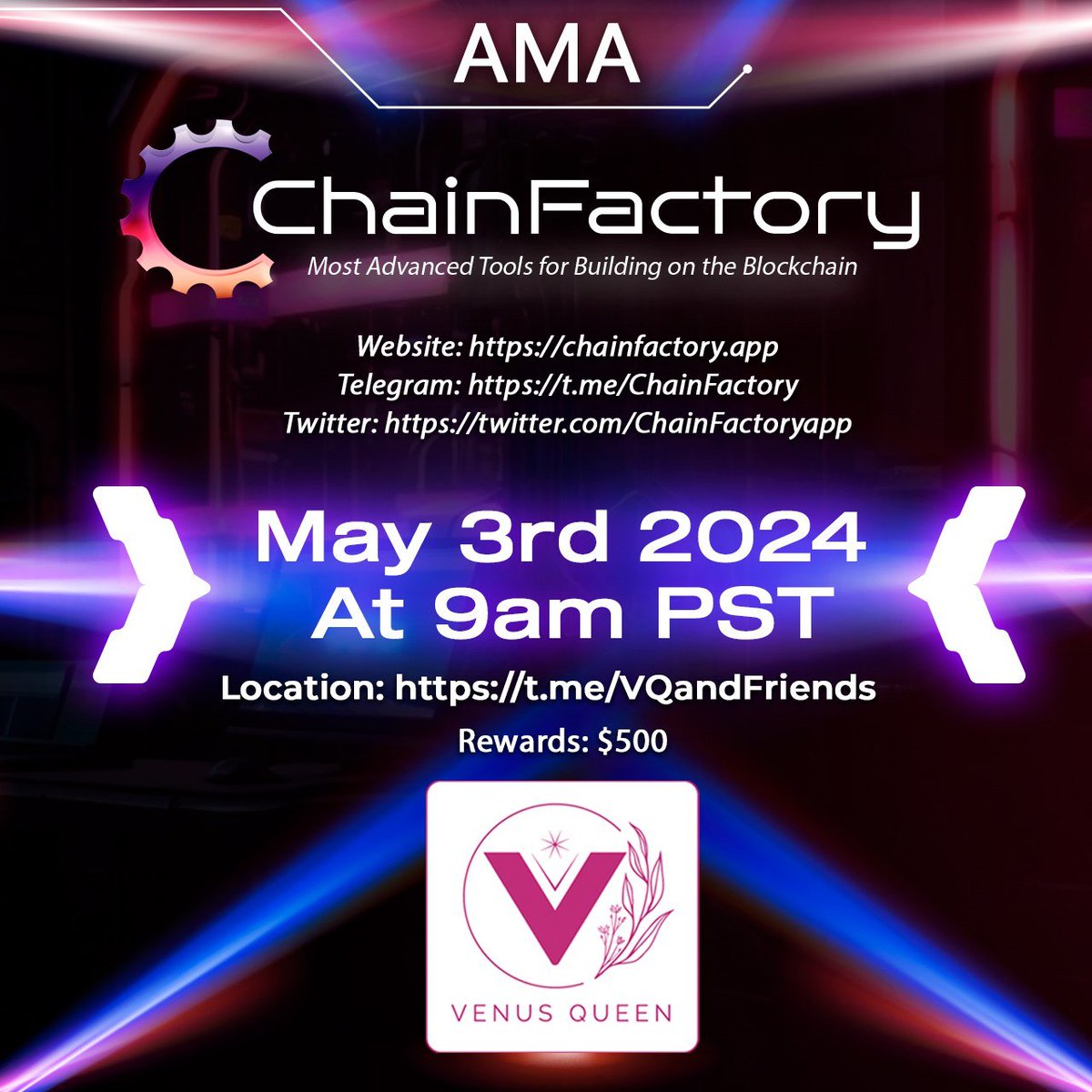 Please join us for an #AMA with #DeFi #AI undervalued gem called @ChainFactoryapp 

✅3 Million Market Cap.
✅Doxxed Team.
✅#AI #DeFi #NFTs #dApps product(s).
✅Over 250+ projects already used #ChainFactory #dApps 

#ChainFactory is the most advanced blockchain software and…