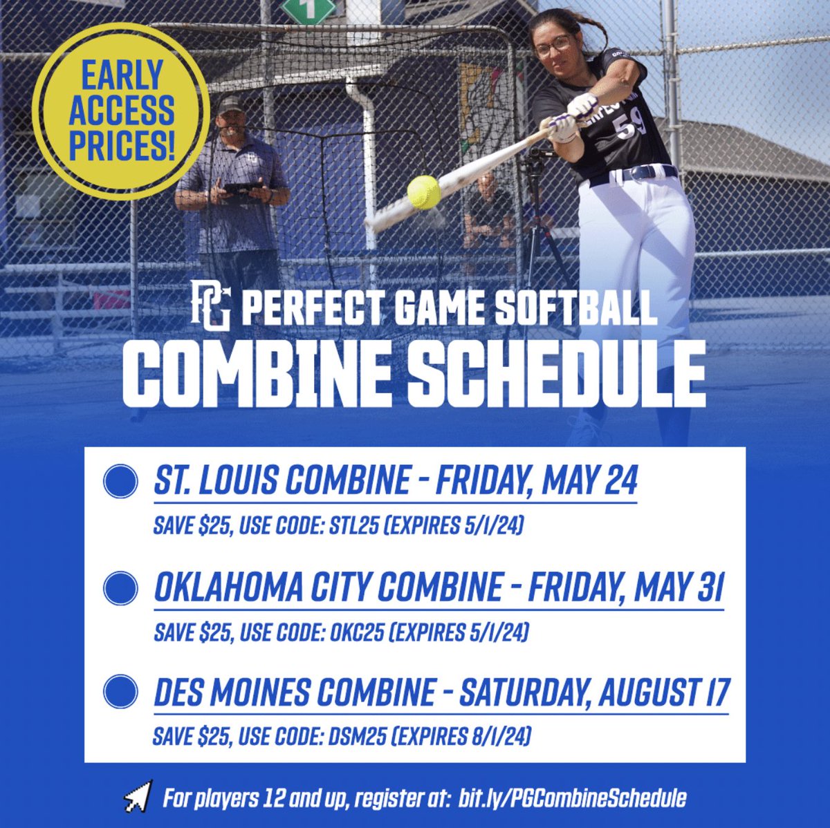 🚨LAST DAY FOR EARLY BIRD PRICING🚨 Don't miss out on saving some $$$! Early bird pricing for STL & OKC Combines ends today! Sign up now (codes in the graphic below): bit.ly/PGCombineSched…