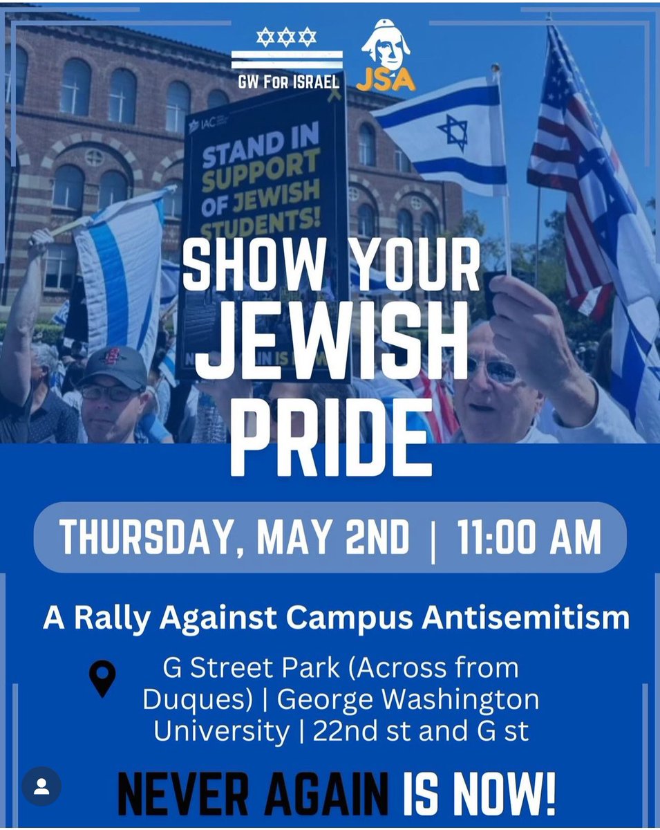 Please join in tomorrow! Let’s stand with & support Jewish students at GW as they Rally Against #antisemitism.