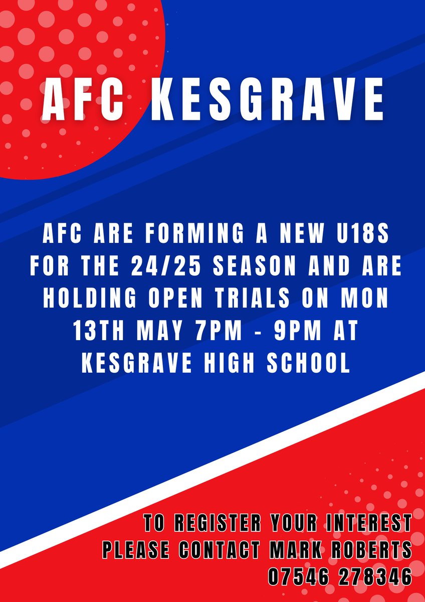 We are forming a new u18s for the 24/25 season and are holding open trials on Mon 13th May 7pm - 9pm at Kesgrave High School. To register your interest please contact Mark Roberts 07546 278346 #trials @SuffolkFA @syfl16 #playerswanted