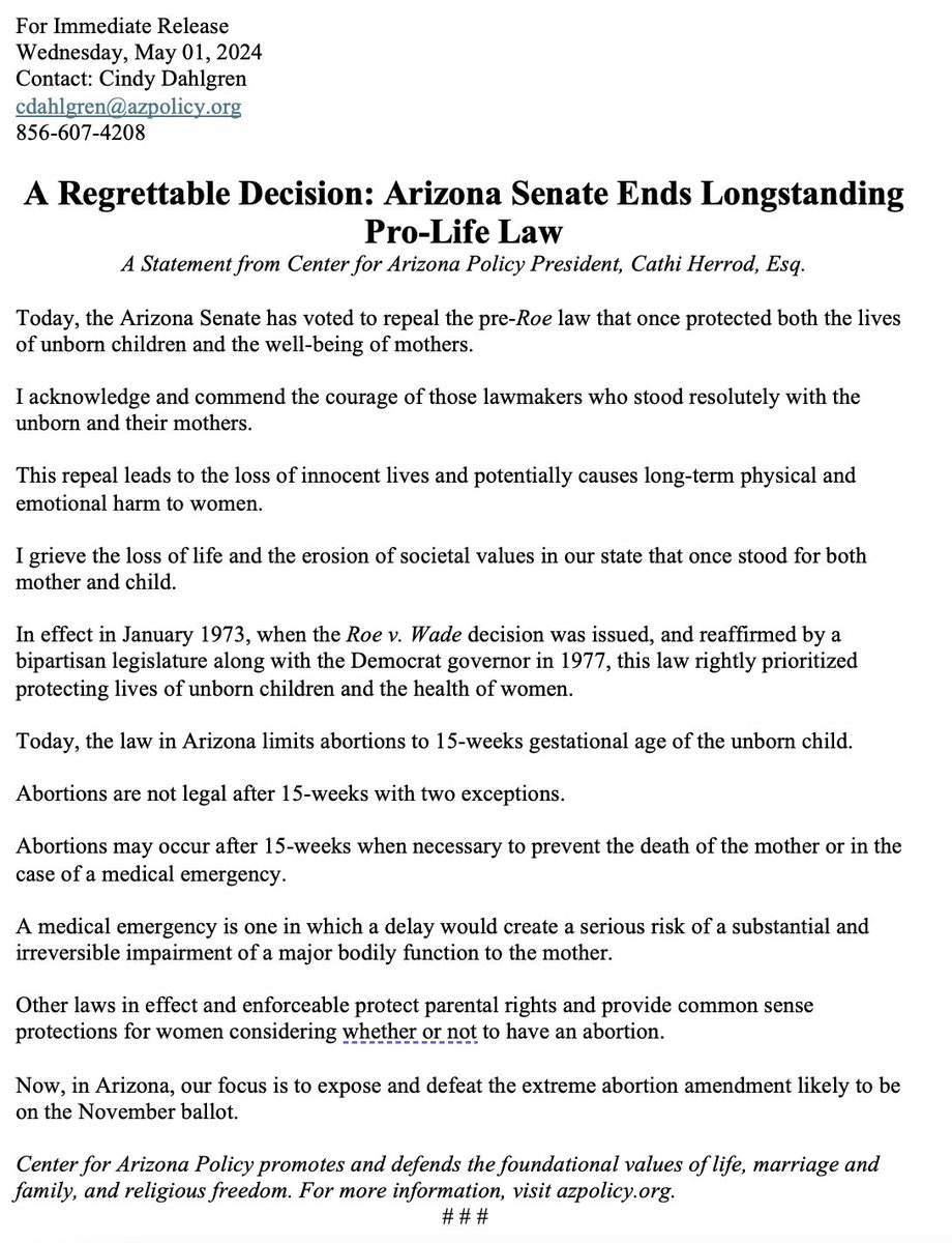 Today, the Arizona Senate has voted to repeal the pre-Roe law that once protected both the lives of unborn children and the well-being of mothers. I acknowledge and commend the courage of those lawmakers who stood resolutely with the unborn and their mothers. Now, in Arizona, our…