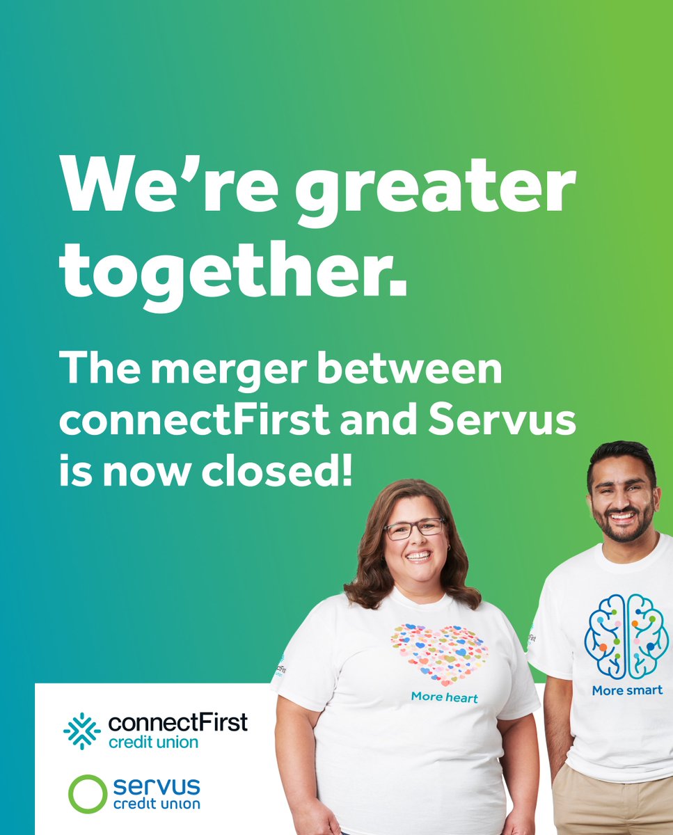 Servus is thrilled to announce that our merger with @ConnectFirstCU is now closed! Thank you for helping us reach this truly historic milestone which will create one of the largest and strongest credit unions in the country! Stay tuned for updates! ow.ly/wUYs50RtWVR