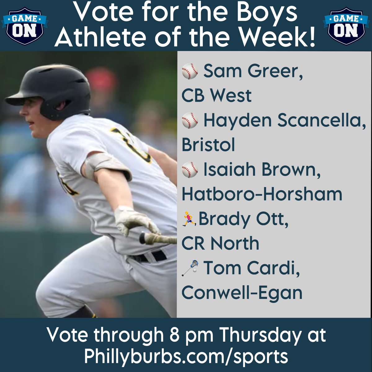 🗳️Vote for the Phillyburbs Boys Athlete of the Week! 📍Vote here: phillyburbs.com/story/sports/h… @CBWestBaseball @bristolwarrior1 @HH_Athletics_ @crnxctf @CEC_Boys_Lax