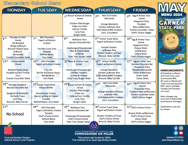 Good afternoon families, Here is the lunch menu for May! 💙💛