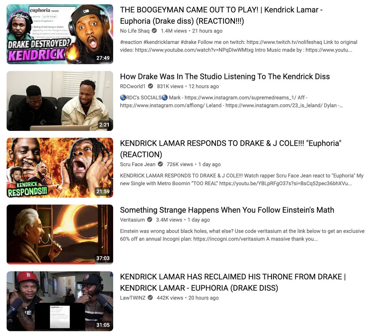 The Top 5 trending videos on YouTube right now are about Drake, Kendrick Lamar - and general relativity