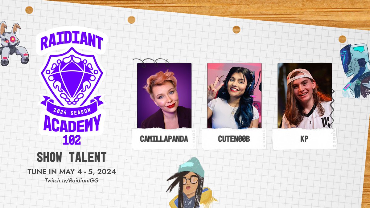Back to school, back to school... #RaidiantAcademy is back this weekend with this incredible talent lineup! 📚 ⭐️ @CamillaPanda ⭐️ @Cuten00bCasts ⭐️ @KP_fps 🍎 Tune in Saturday & Sunday on ttv/RaidiantGG