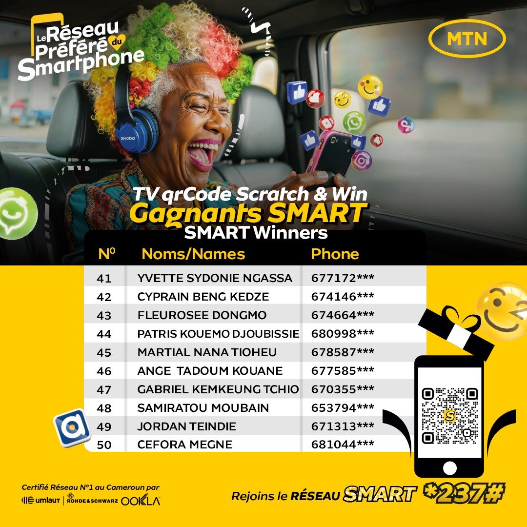 Il ne suffit pas que de scanner le qrCode Scratch & Win sur ta chaîne de TV favorite pour gagner ton MoMo. Cher Gagnant, partage ton secret en commentaire.🥳🥳🥳 Plus d’info : smart.mtn.cm #TheBestNetwork is the #SMARTNetwork #LeBonReseau c'est le #ReseauSMART