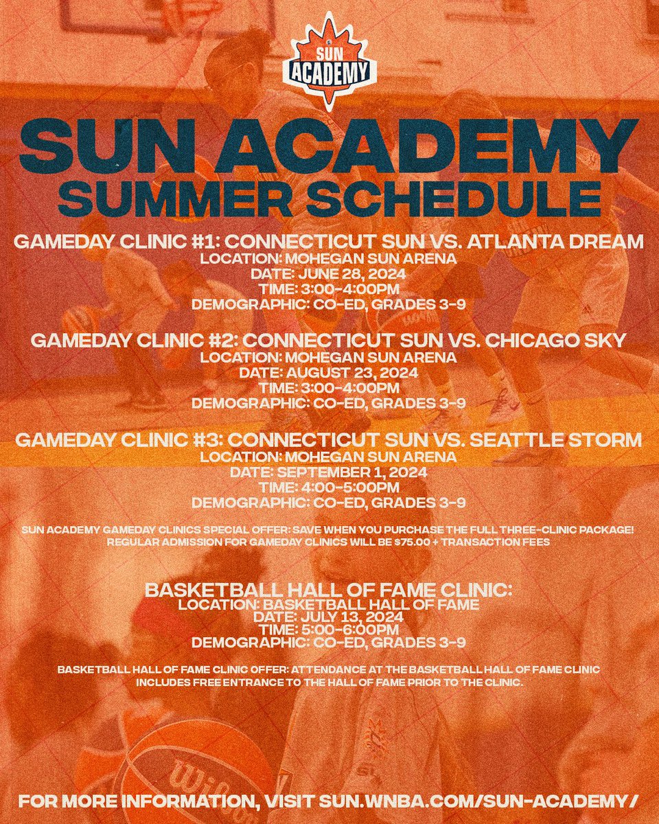 THE WAIT IS OVER! Announcing our FULL Sun Academy Summer Schedule for 2024.. Join us for a summer full of fun at any and all of our Sun Academy programs 🏀 We can’t wait to see you! Link in bio for more information.