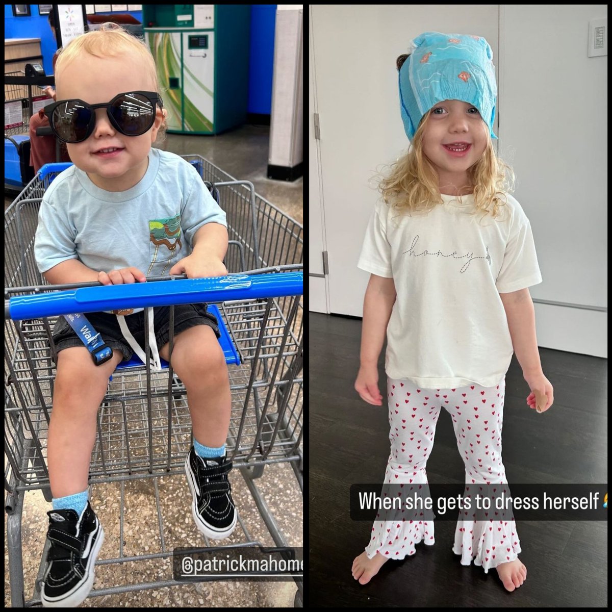 Hey, who's that cool dude in the Wal Mart cart and check out what happens when Sterling dresses herself 📷 BrittanyLynne/IG.