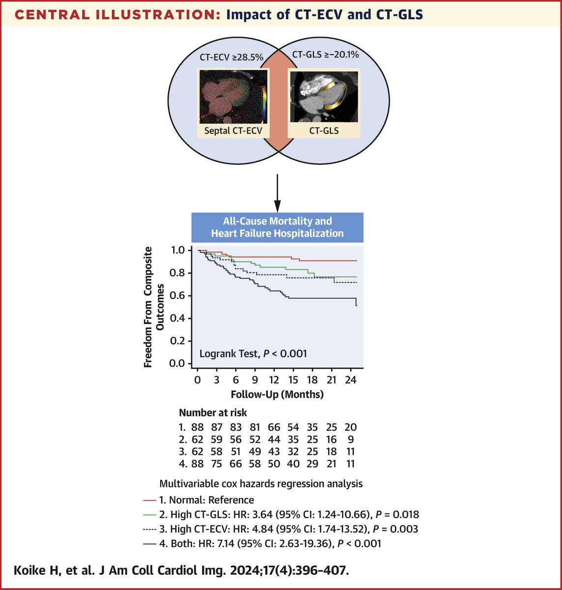 Myocardial assessment by CTA in patients with severe AS using CT-ECV and CT-GLS is feasible and is independently associated with 1-year outcomes after #TAVR, even in those with preserved #LVEF. bit.ly/4doq4Ps #JACCIMG #vhdAS #cvImaging