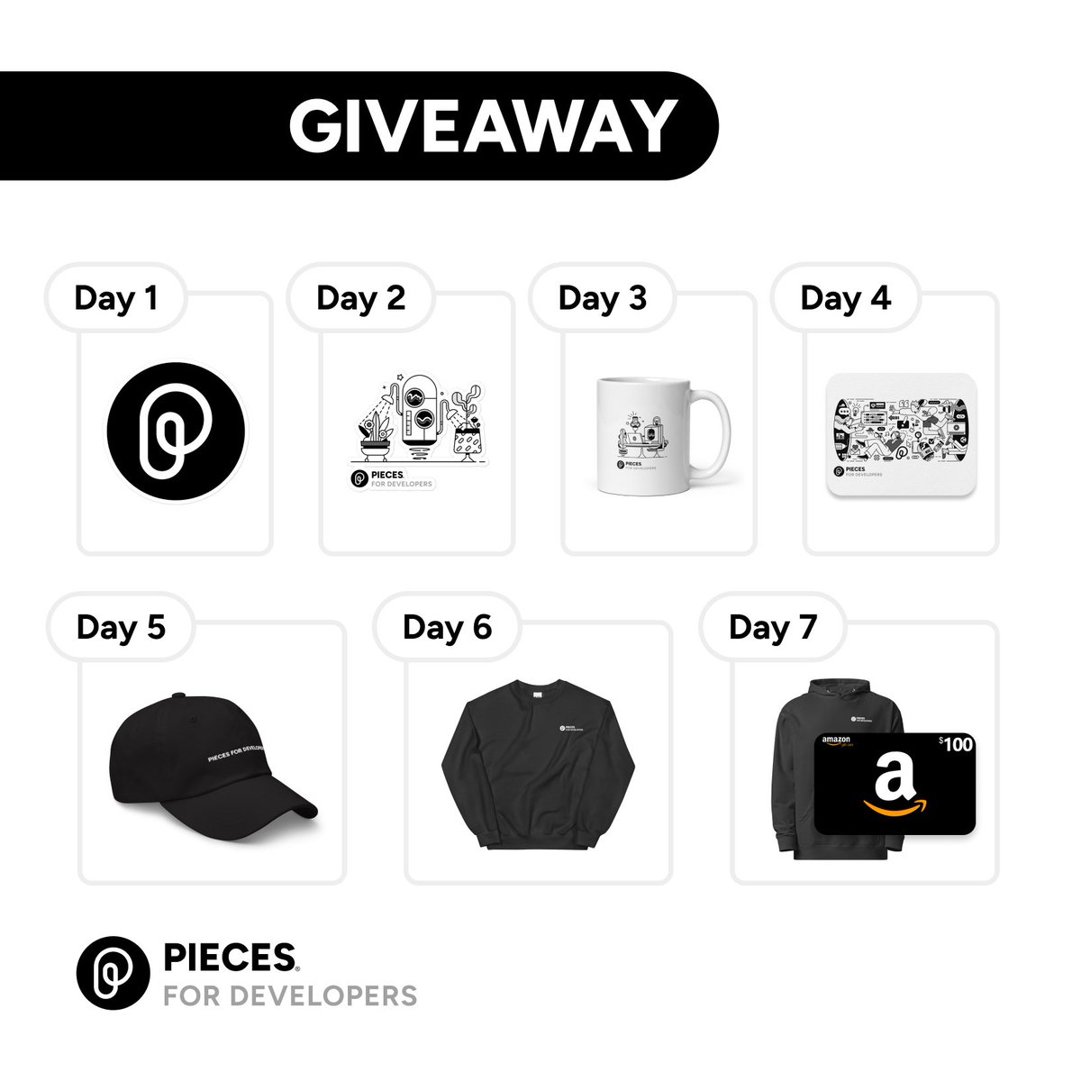 🎁𝗣𝗜𝗘𝗖𝗘𝗦 𝗙𝗢𝗥 𝗗𝗘𝗩𝗘𝗟𝗢𝗣𝗘𝗥𝗦 𝗚𝗜𝗩𝗘𝗔𝗪𝗔𝗬🎁 To celebrate the launch of our new Pieces Shop, we’re kicking off 7 days of merch giveaways!  To enter the giveaway: 1. Like & RT 𝘁𝗵𝗶𝘀 post 2. Make sure you’re following @getpieces Earn an extra entry for each…