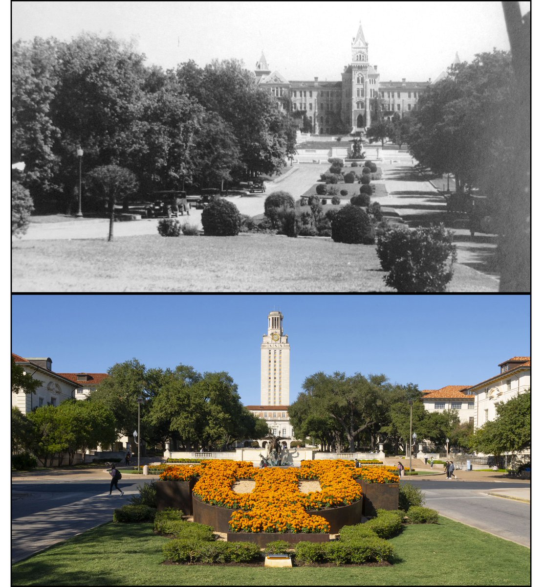 Then and now. 1933 and 2024: Looking down University Avenue toward @UTAustin's Littlefield Fountain and either Old Main or the current Main Building and Tower. The view has changed a bit, and there was more parking back then.