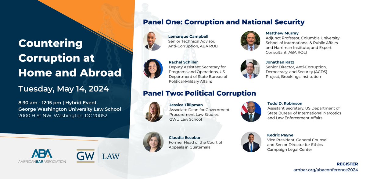We're excited to share our panelists for our upcoming hybrid conference at @gwlaw, Countering Corruption at Home and Abroad, on May 14th - less than two weeks away! Learn more & register today ➡️ ambar.org/abaconference2…