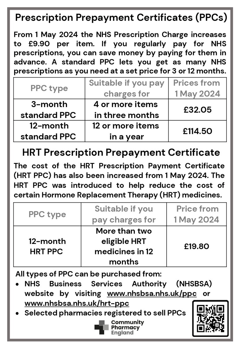 Prescription charges have increased from today. There is also information about a prepayment prescriptions and how you can purchase one. If you receive a few separate medications each month it may be cheaper to get a prepayment