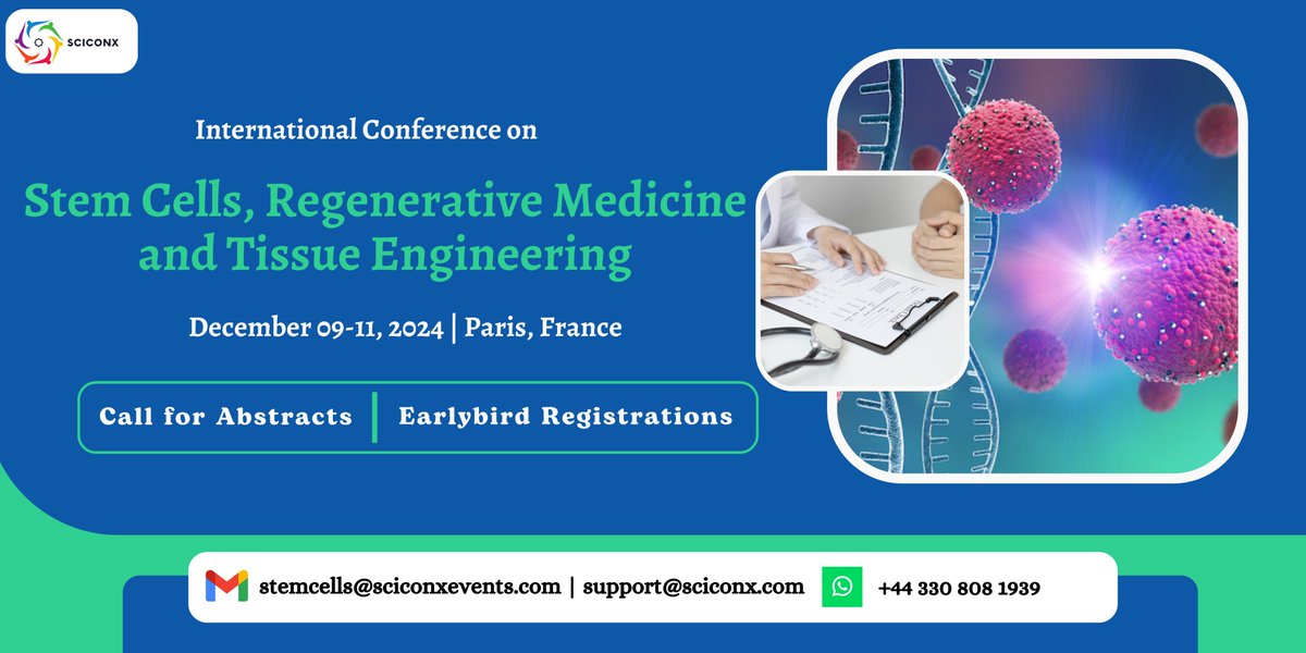 Join us at the International Conference on Stem Cells, Regenerative Medicine & Tissue Engineering in Paris, France, December 09-11, 2024! Abstract submission & registration open. WhatsApp: +44-330 808 1939. #StemCells #RegenerativeMedicine #ParisConference