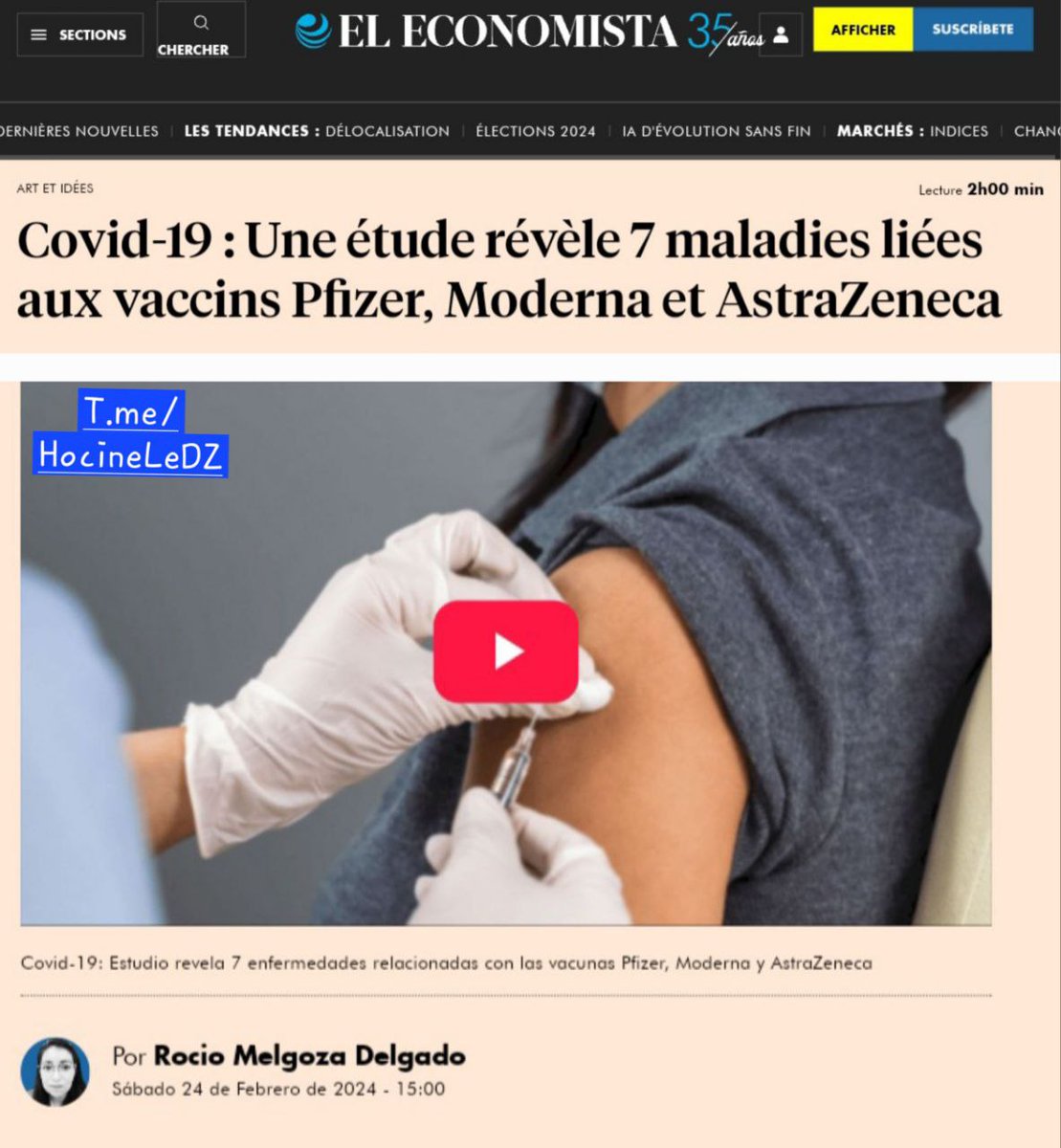 💉💉💉 Covid-19 : Dans les deux liens ci-dessous ils nous disent qu'une étude a révélé 7 maladies liées aux 'vaccins' Pfizer, Moderna et AstraZeneca 1. eleconomista.com.mx/arteseideas/Co… 2. youtu.be/uM73Ac0JdaY?si… $ource: t.me/HocineLeDZ/112…